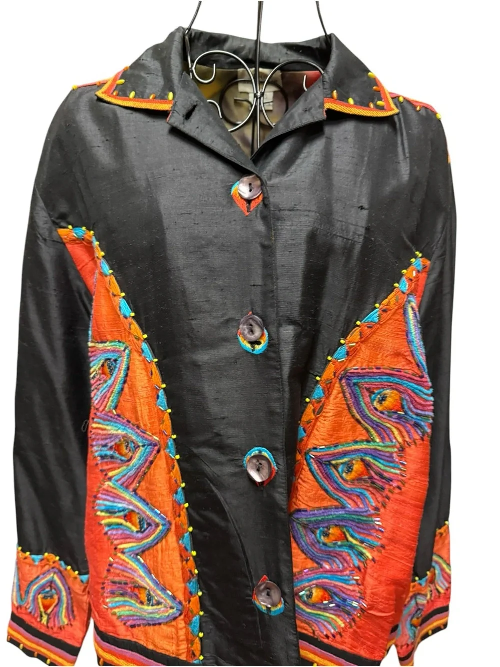 Sandy Starkman Silk Embroidered Black Jacket with Vibrant Orange Panels XL - Picture 4 of 8